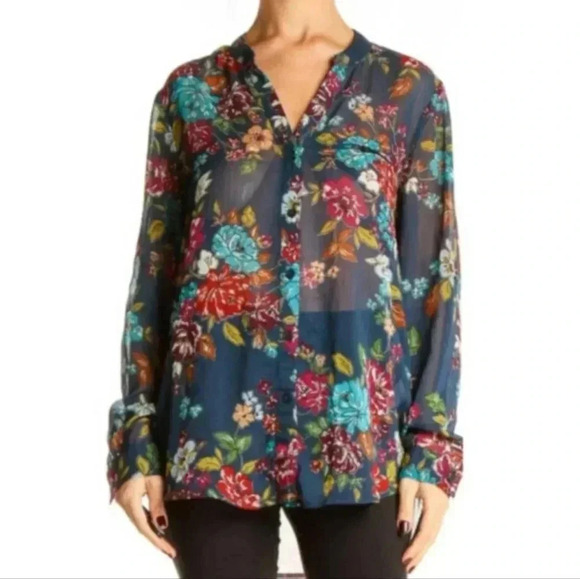 {Kut from the Kloth} Womens Floral Print Sheer Long Sleeve Blouse - Size Medium - Picture 1 of 14